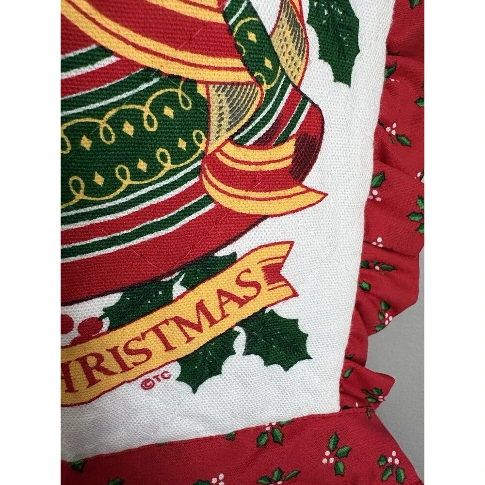 Christmas Apron 80s/90’s Quilted Red Bib Holly Retro Ruffle Holiday Baking VTG